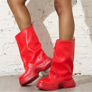 AZALEA WANG Red Vegan Leather Flatform Bucket Boot